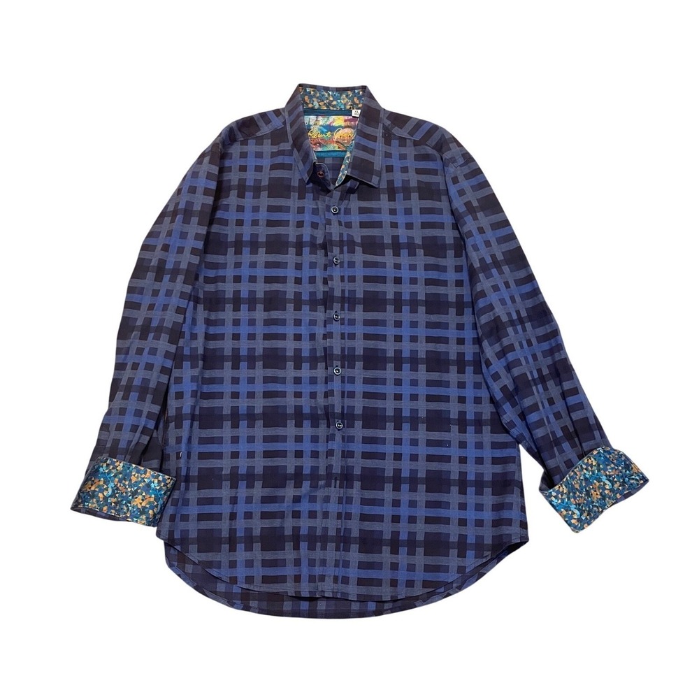Robert Graham Plaid Shirt XL Classic Fit Blue Flip Cuff Contrast Trim